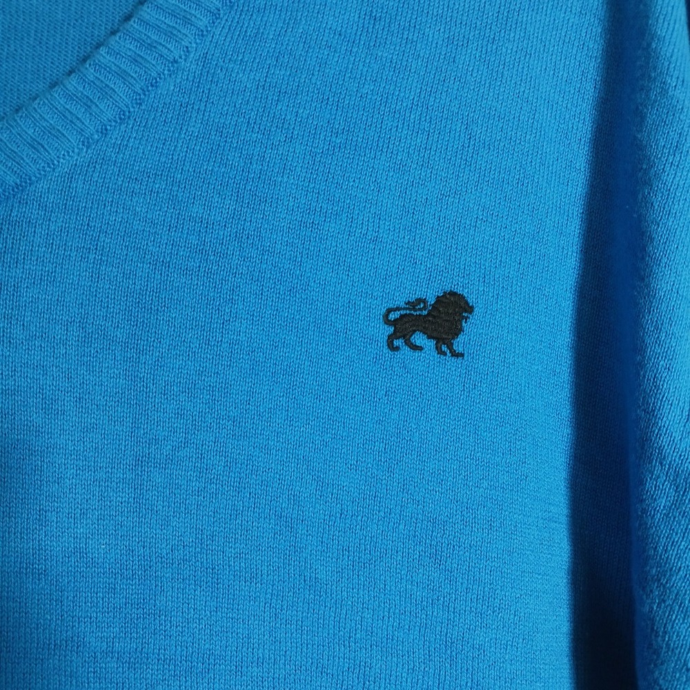 Old Navy V-Neck Sweater Mens XL Blue Excellent Lion Logo Knit Long Sleeve